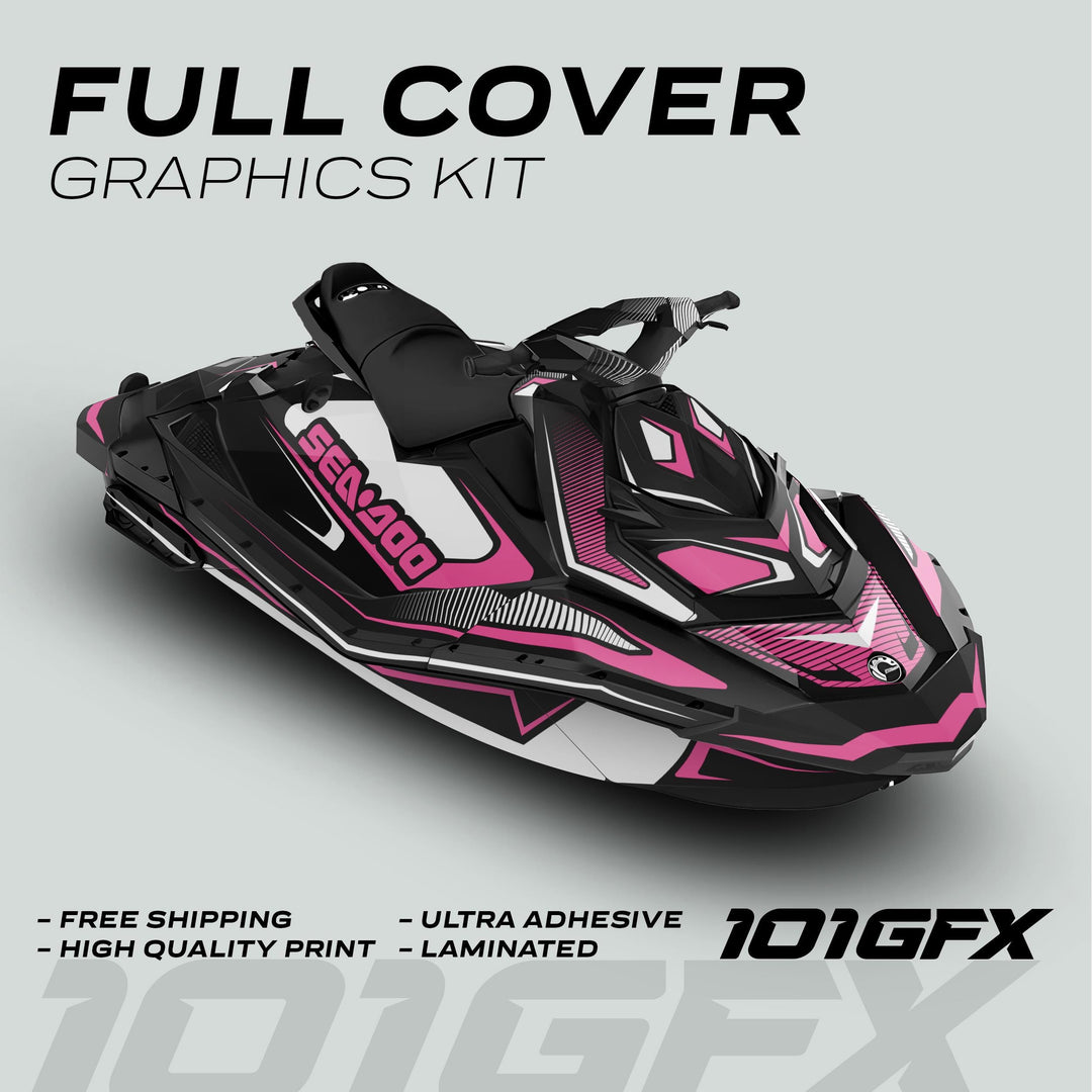 Sea Doo Spark Graphics Kit RACE LINE White Pink on jetski; includes Free Shipping, High Quality Print, Ultra Adhesive, Laminated. Branding: 101GFX.