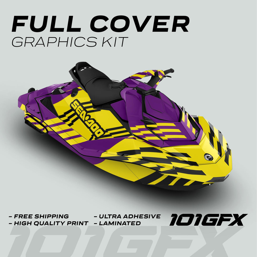 Sea Doo Spark Graphics Kit FAST PURPLE YELLOW in angular-stripe design, showcasing full coverage on jet ski, emphasizing durability and easy application.