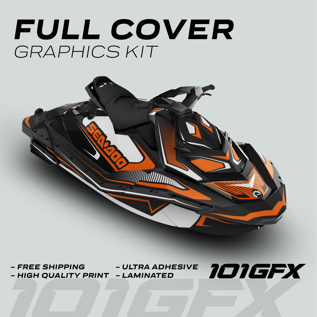 Sea Doo Spark Graphics Kit RACE LINE White Orange displayed on a Sea-Doo, showcasing bold geometric design, free shipping, high-quality print, and ultra-adhesive features.