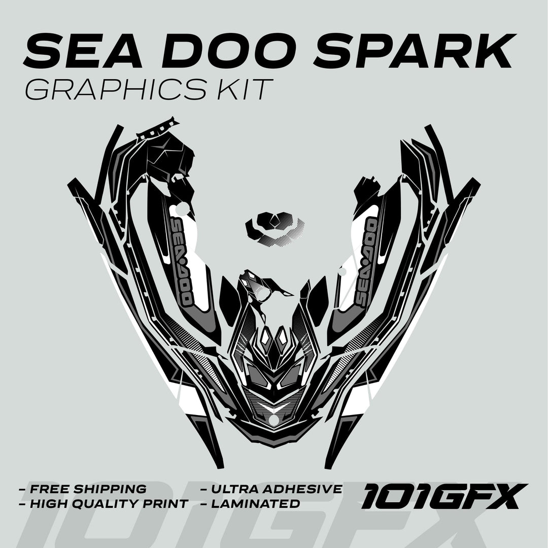 Sea Doo Spark Graphics Kit RACE LINE White Grey mock-up showing decal layout with features like high-quality print, ultra adhesive, and laminated for durability.