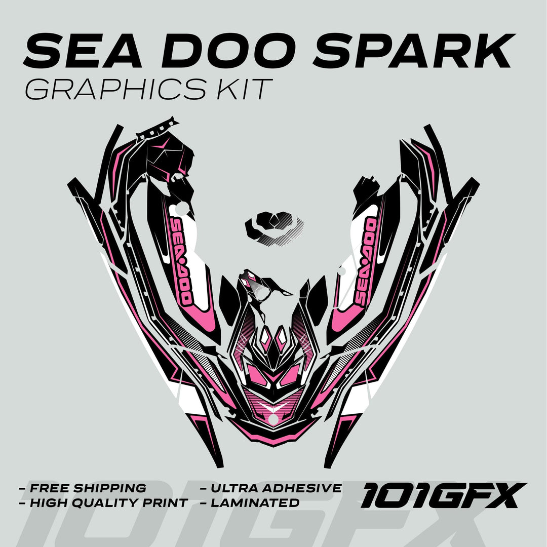 Sea Doo Spark Graphics Kit RACE LINE White Pink mock-up with black, white, and pink decal layout, featuring highlights like Free Shipping, High Quality Print, and Ultra Adhesive.