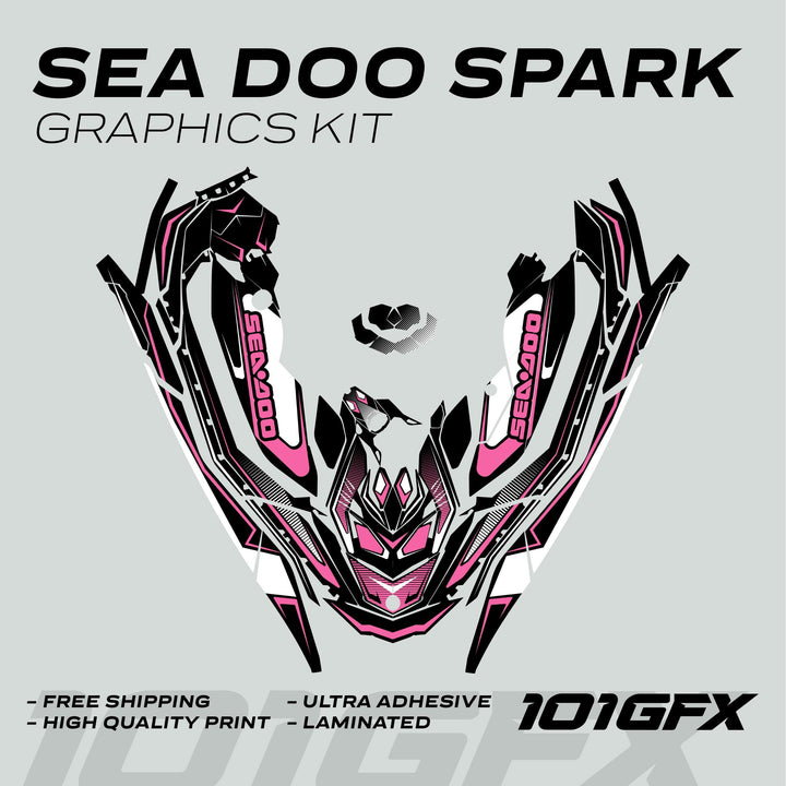 Sea Doo Spark Graphics Kit RACE LINE White Pink mock-up with black, white, and pink decal layout, featuring highlights like Free Shipping, High Quality Print, and Ultra Adhesive.