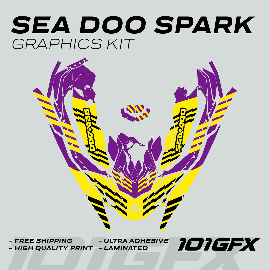Sea Doo Spark Graphics Kit FAST PURPLE YELLOW features precision-cut vinyl pieces and promotional highlights, including free shipping and durable, easy-to-apply decals.