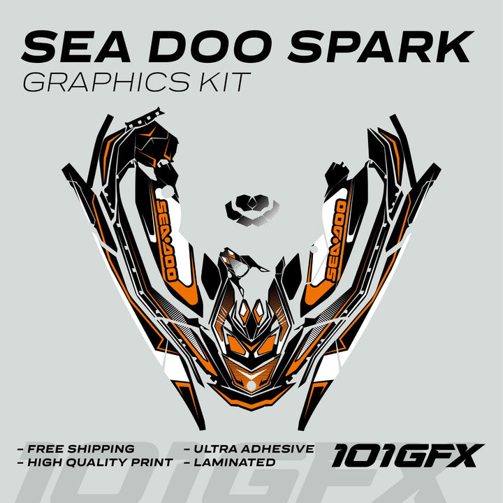 Sea Doo Spark Graphics Kit RACE LINE White Orange displayed with decal panels and key features like free shipping, high quality, ultra adhesive, and laminated.