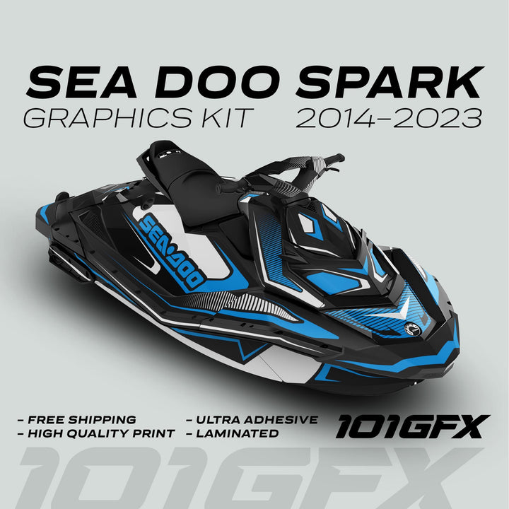 Sea Doo Spark Graphics Kit RACE LINE White Cyan on a PWC, showcasing black, blue, and white design with features like free shipping and ultra adhesion.