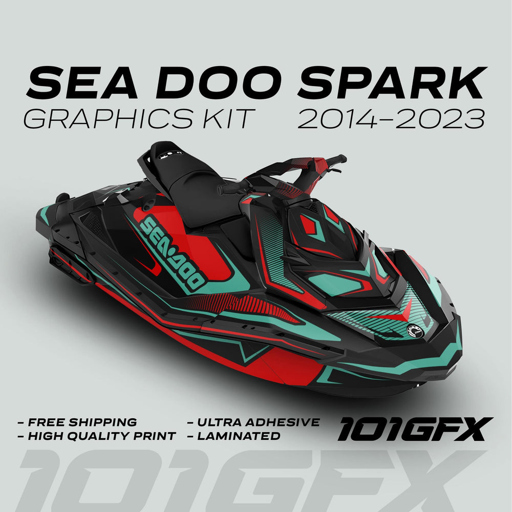 Sea Doo Spark Graphics Kit RACE LINE Red Mint on jet-ski with bold decals, highlighting features: free shipping, high quality, ultra adhesive, laminated by 101GFX.