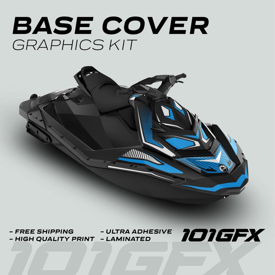 Sea Doo Spark Graphics Kit RACE LINE White Cyan on black jet ski, featuring sharp blue, white, and black decals, highlighting free shipping, high quality, ultra adhesive, and laminated features.