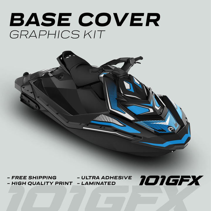 Sea Doo Spark Graphics Kit RACE LINE White Cyan on black jet ski, featuring sharp blue, white, and black decals, highlighting free shipping, high quality, ultra adhesive, and laminated features.