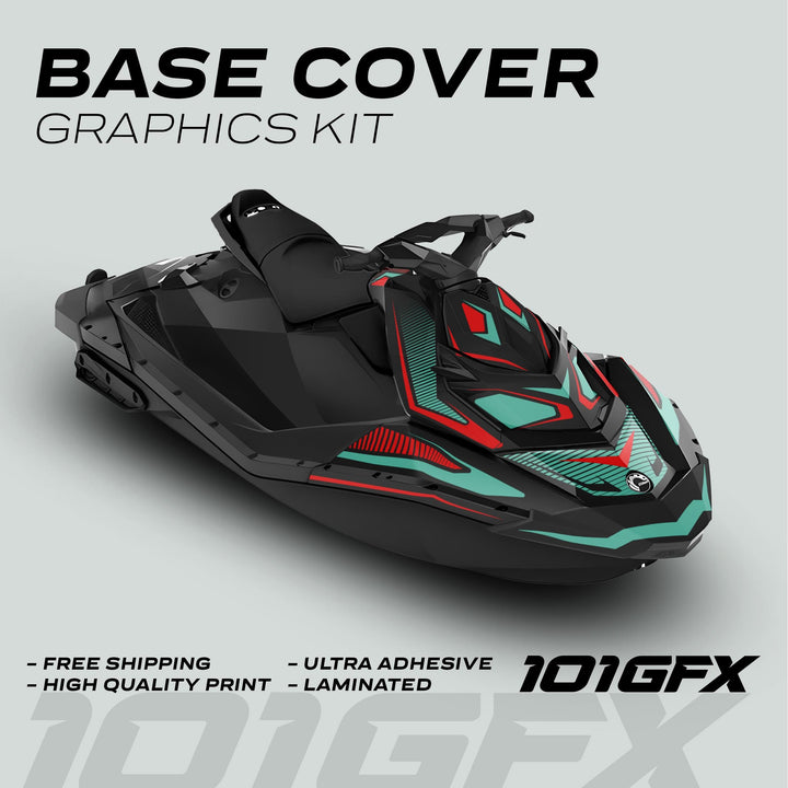 Sea Doo Spark Graphics Kit RACE LINE Red Mint displayed on a jet ski, highlighting vibrant red and teal design, free shipping, high-quality print, ultra adhesive, laminated.