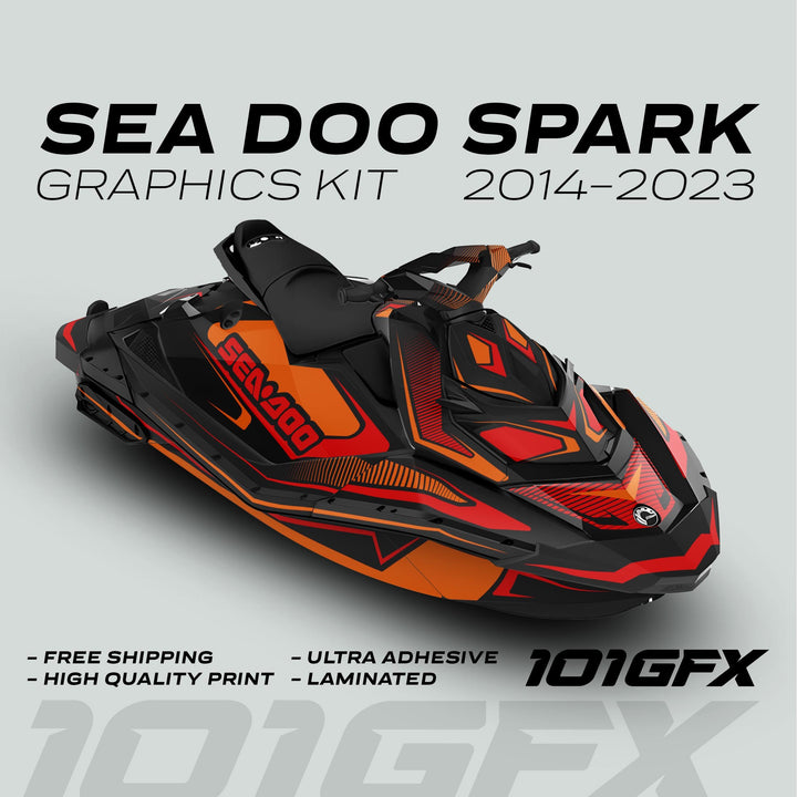 Sea Doo Spark Graphics Kit RACE LINE Orange Red on watercraft, featuring vibrant decals, high-quality print, ultra adhesive, and laminated finish with free shipping.