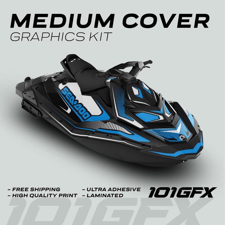 Sea Doo Spark Graphics Kit RACE LINE White Cyan featuring black-and-blue design with Sea-Doo logo; highlights include free shipping, high quality, ultra adhesive, and laminated finish.