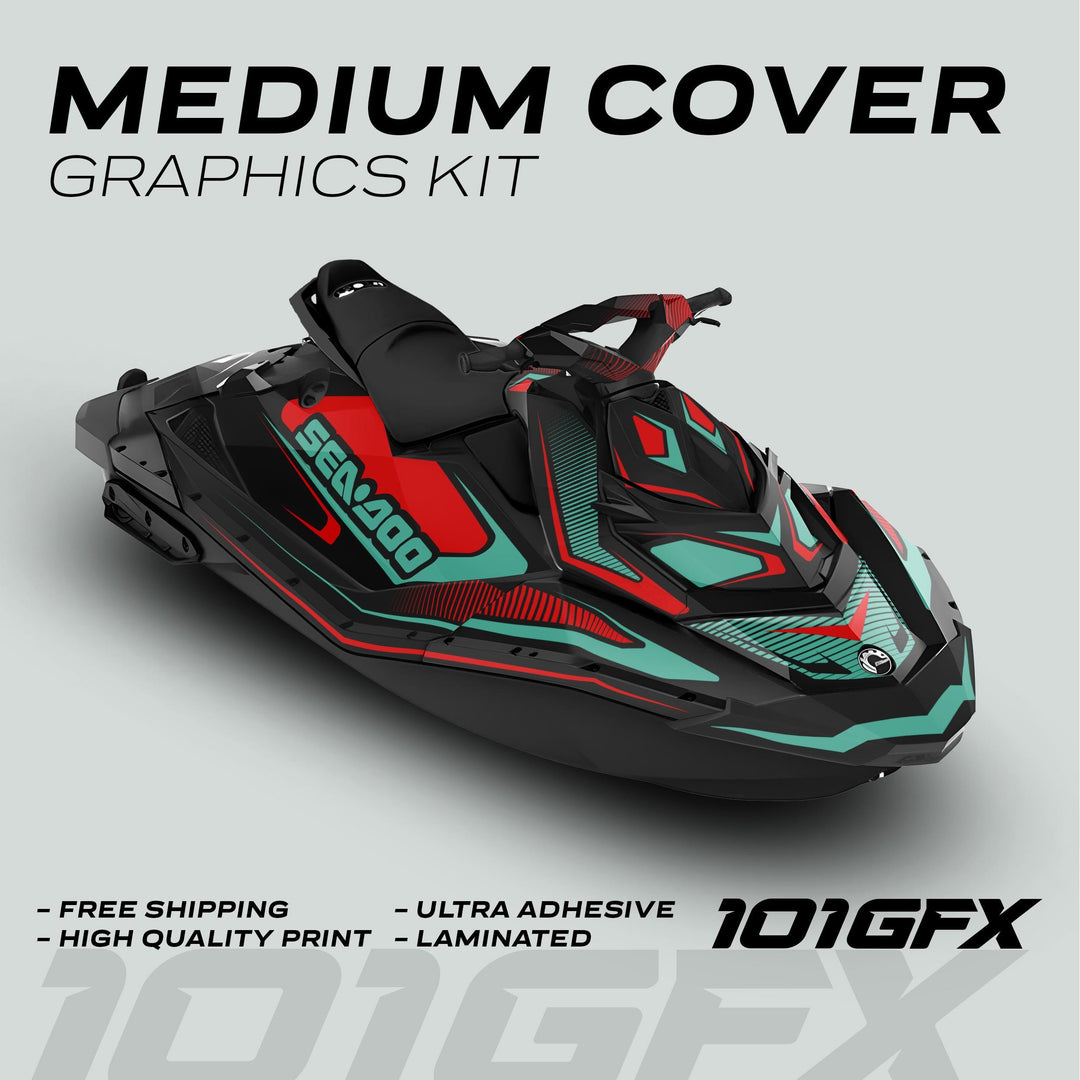 Sea Doo Spark Graphics Kit RACE LINE Red Mint on a jet ski, showcasing bold vinyl wrap, with features like free shipping and high-quality print emphasized.