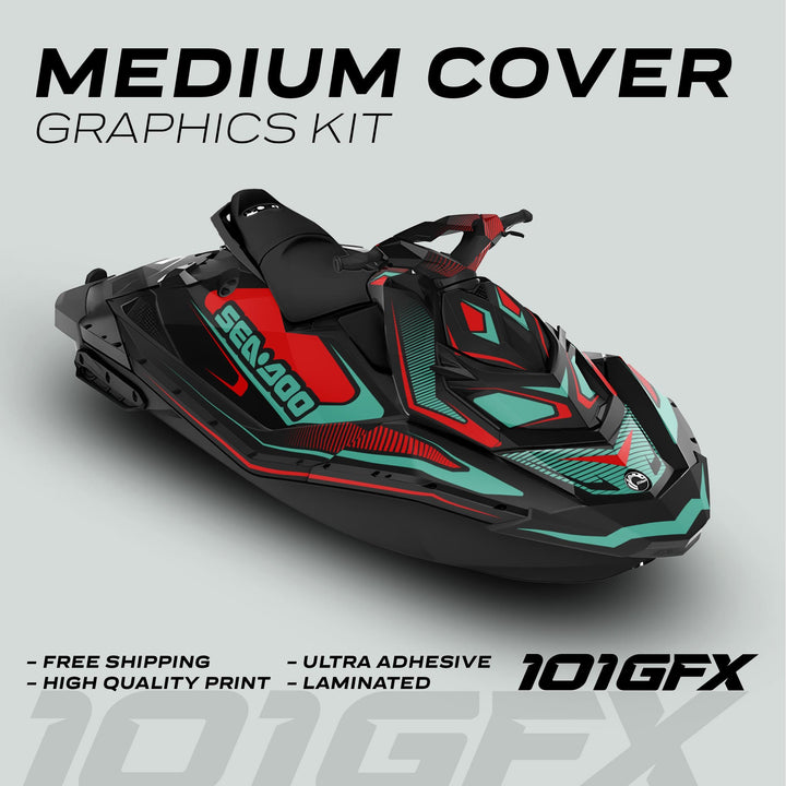 Sea Doo Spark Graphics Kit RACE LINE Red Mint on a jet ski, showcasing bold vinyl wrap, with features like free shipping and high-quality print emphasized.