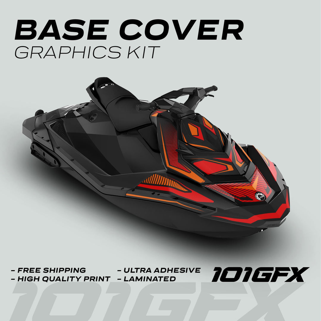 Jet ski with Sea Doo Spark Graphics Kit RACE LINE Orange Red, featuring bold red-and-orange vinyl design, emphasizing high-quality, ultra-adhesive, and laminated features.
