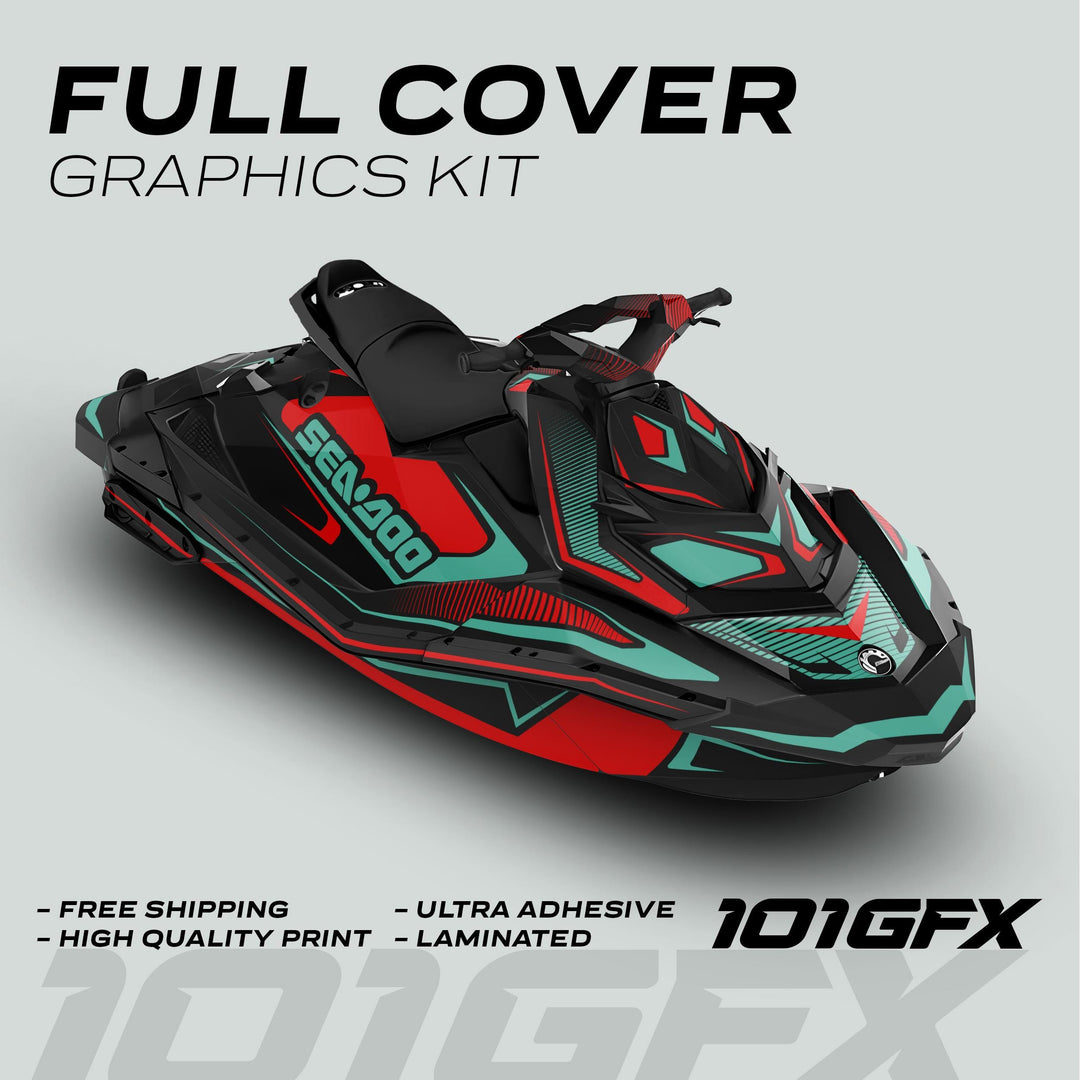 Sea Doo Spark Graphics Kit RACE LINE Red Mint on jet ski, showcasing vibrant design with features: free shipping, high-quality print, ultra adhesive, laminated.