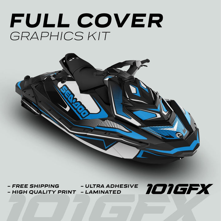 Sea Doo Spark Graphics Kit RACE LINE White Cyan displayed on a Sea-Doo, highlighting vibrant decals and features like ultra-adhesive material and laminated finish.