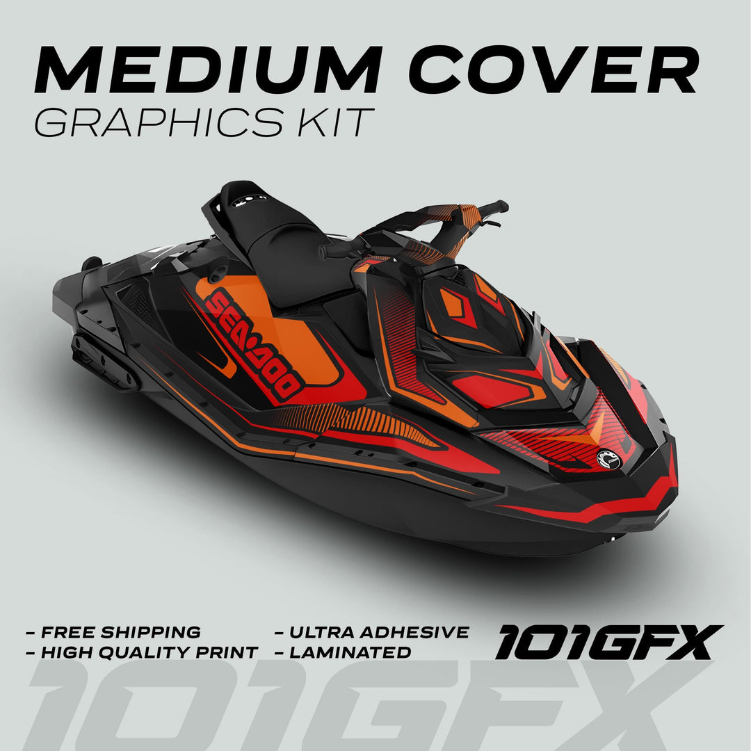 Sea Doo Spark Graphics Kit RACE LINE Orange Red, featuring a bold custom wrap design, high-quality print, ultra-adhesive, and laminated for durability.