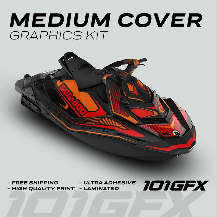 Sea Doo Spark Graphics Kit RACE LINE Orange Red, featuring a bold custom wrap design, high-quality print, ultra-adhesive, and laminated for durability.