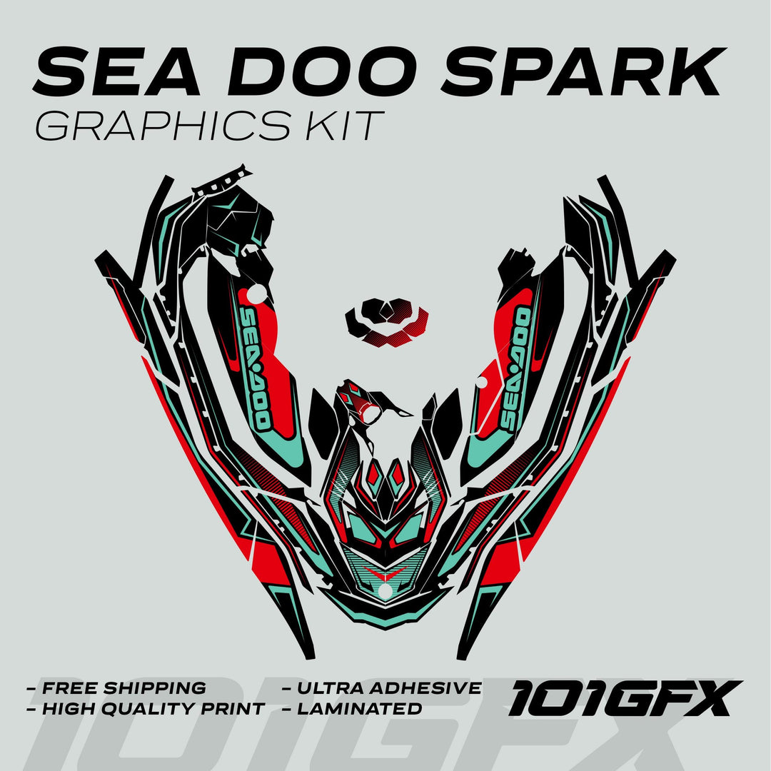Sea Doo Spark Graphics Kit RACE LINE Red Mint, featuring bold decals with Sea-Doo branding, highlights durability, easy application, and custom fit for Sea-Doo Spark.
