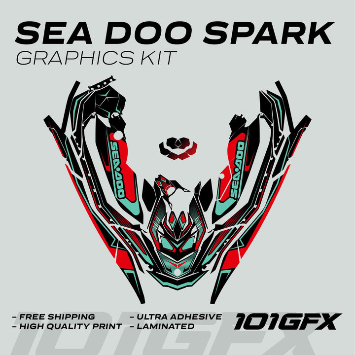 Sea Doo Spark Graphics Kit RACE LINE Red Mint, featuring bold decals with Sea-Doo branding, highlights durability, easy application, and custom fit for Sea-Doo Spark.