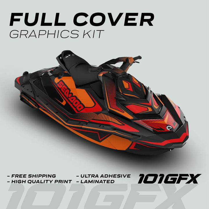 Sea Doo Spark Graphics Kit RACE LINE Orange Red applied to a jet ski, showcasing bold design; highlights include free shipping, high-quality print, ultra-adhesive, and laminated features.