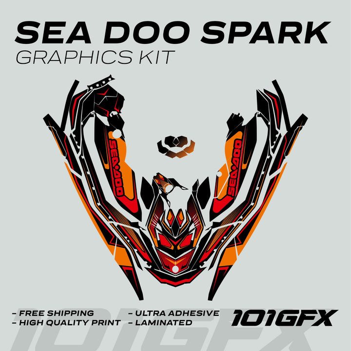 Sea-Doo Spark Graphics Kit RACE LINE Orange Red with red/orange/black decals, highlighting features like free shipping, high-quality print, ultra adhesive, and laminated finish.