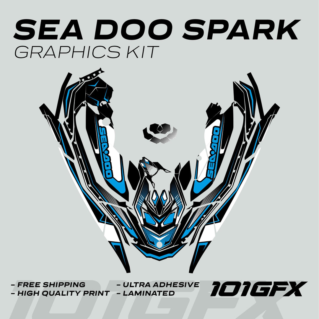 Sea Doo Spark Graphics Kit RACE LINE White Cyan, displaying black, white, and blue decal pieces in a V-shape, highlighting features like free shipping and high-quality print.