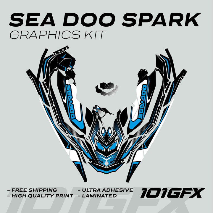Sea Doo Spark Graphics Kit RACE LINE White Cyan, displaying black, white, and blue decal pieces in a V-shape, highlighting features like free shipping and high-quality print.