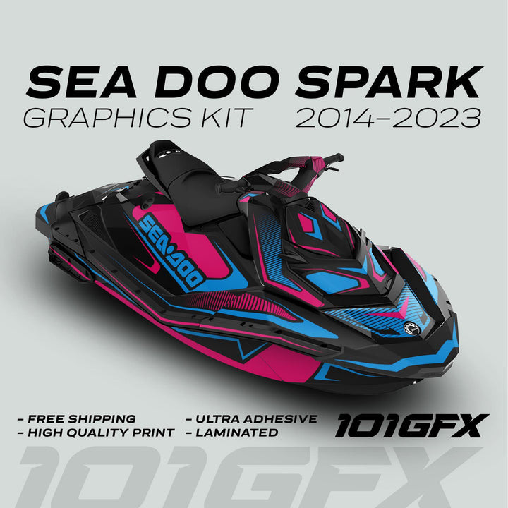 Sea-Doo Spark Graphics Kit RACE LINE Magenta Cyan: Jet Ski vinyl wrap with bold design, offering free shipping, high-quality print, ultra adhesive, and laminated finish.