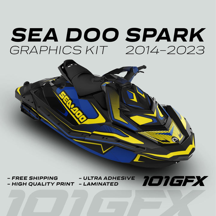 Sea Doo Spark Graphics Kit RACE LINE Cyan Yellow on watercraft, featuring blue, black, yellow design with text: free shipping, high quality print, ultra adhesive, laminated, by 101GFX.