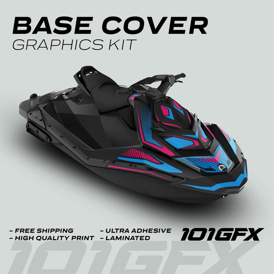 Sea Doo Spark Graphics Kit RACE LINE Magenta Cyan on jet ski, featuring bold geometric decals, highlighting free shipping, high quality, ultra adhesive, and laminated finish.