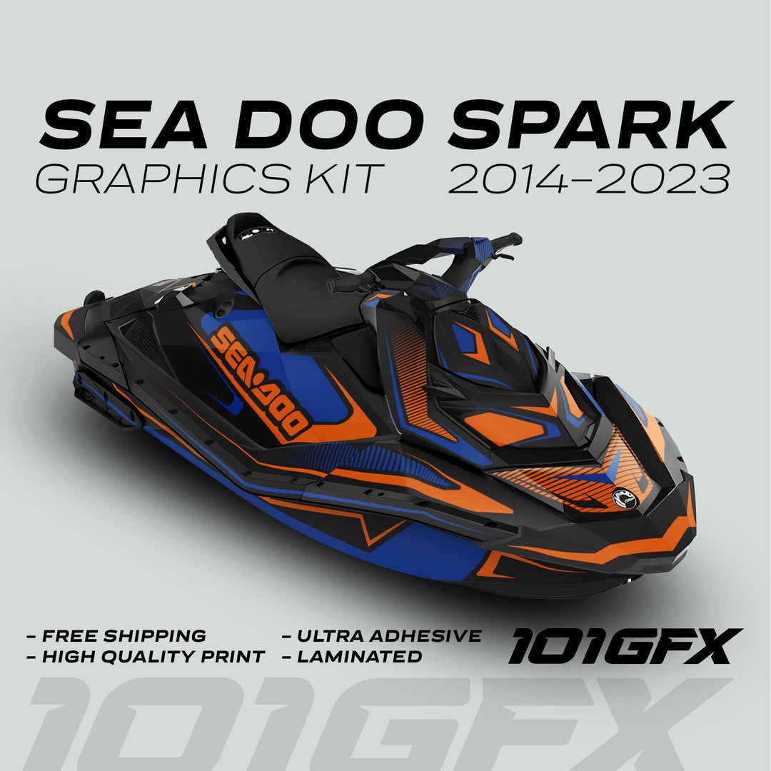 Sea Doo Spark Graphics Kit RACE LINE Blue Orange with vibrant vinyl wrap, featuring ultra-adhesive, laminated design, tailored for 2014–2023 models, by 101GFX.