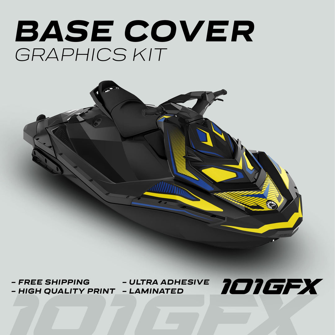 Sea Doo Spark Graphics Kit RACE LINE Cyan Yellow on black jet ski, featuring bold vinyl decals, advertising free shipping, high quality print, ultra adhesive, and laminated finish.