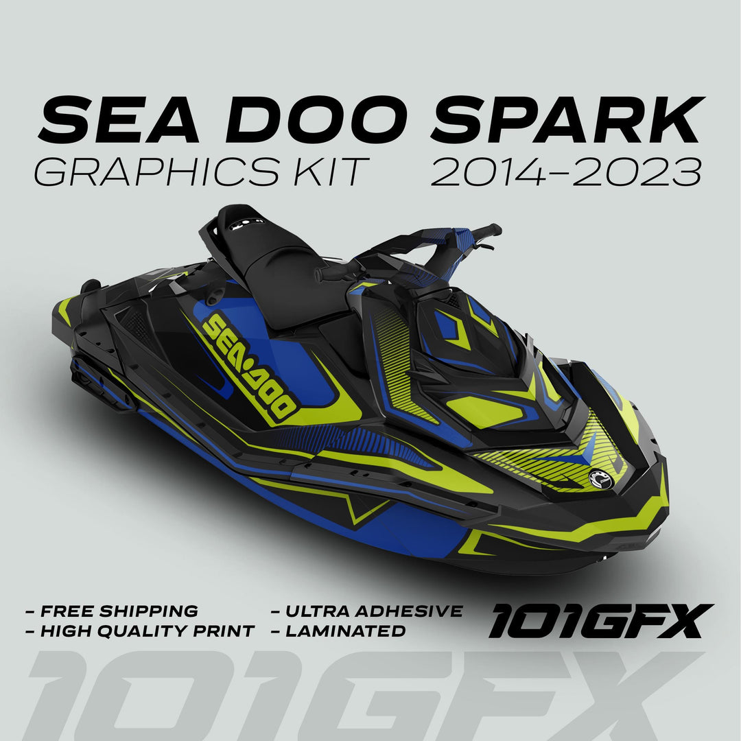 Sea Doo Spark Graphics Kit RACE LINE Blue Green on jet ski, featuring black/blue/neon-green decals, high-quality, ultra-adhesive laminated design by 101GFX with free shipping.