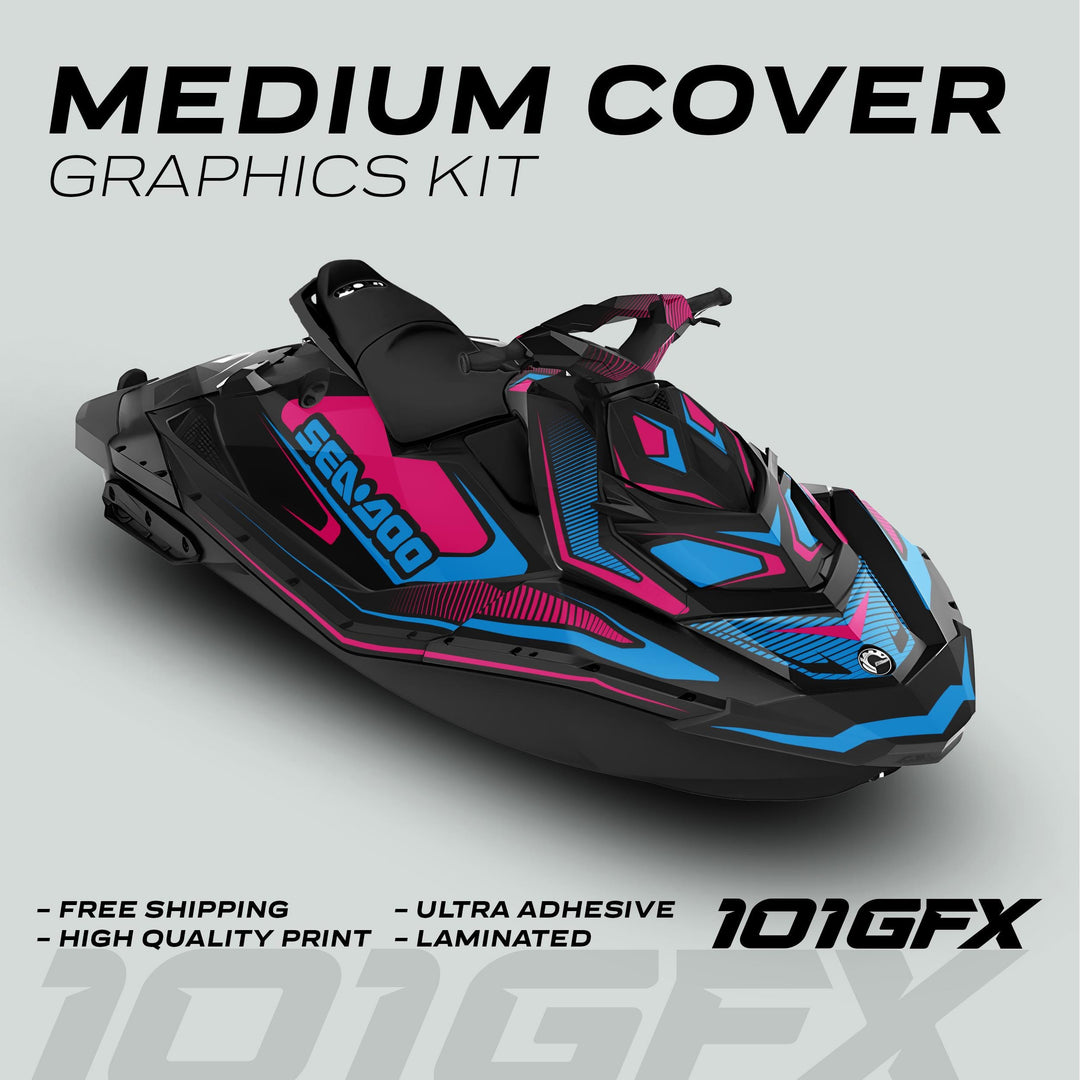 Sea Doo Spark Graphics Kit RACE LINE Magenta Cyan on black Sea-Doo, showcasing bold vinyl accents. Features: Free Shipping, High-Quality Print, Ultra Adhesive, Laminated.