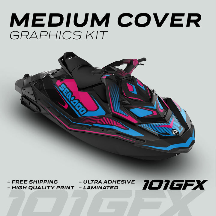 Sea Doo Spark Graphics Kit RACE LINE Magenta Cyan on black Sea-Doo, showcasing bold vinyl accents. Features: Free Shipping, High-Quality Print, Ultra Adhesive, Laminated.