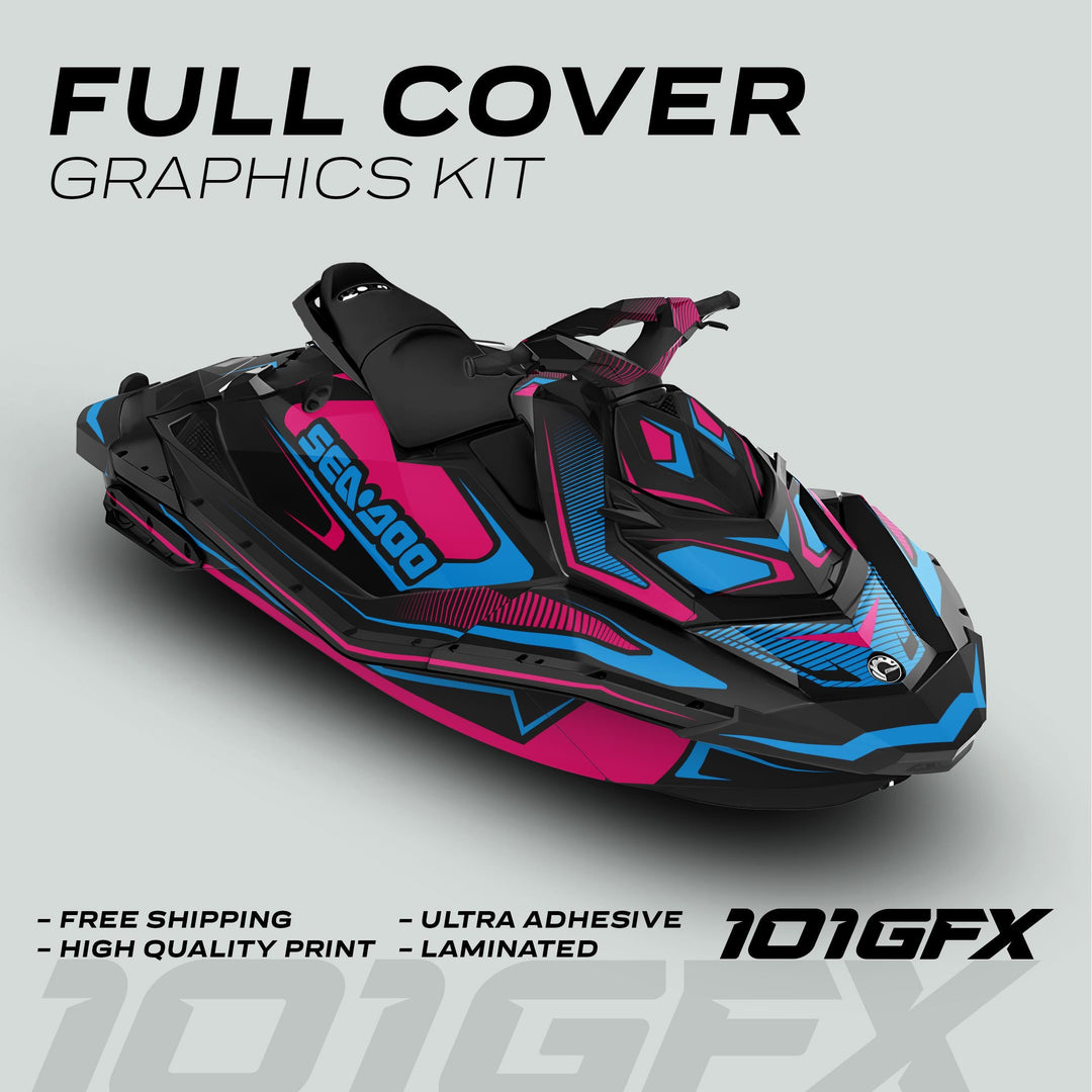 Sea Doo Spark Graphics Kit RACE LINE Magenta Cyan on jet ski, featuring geometric decals, bold design, and promotional highlights: free shipping, high quality, ultra adhesive, laminated.