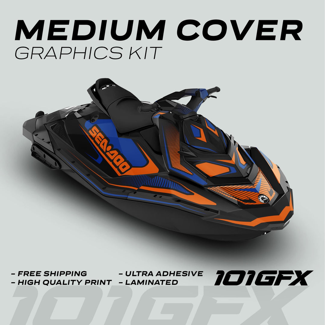 Sea Doo Spark Graphics Kit RACE LINE Blue Orange on jet ski, showcasing bold vinyl wrap with callouts: Free Shipping, High Quality Print, Ultra Adhesive, Laminated.
