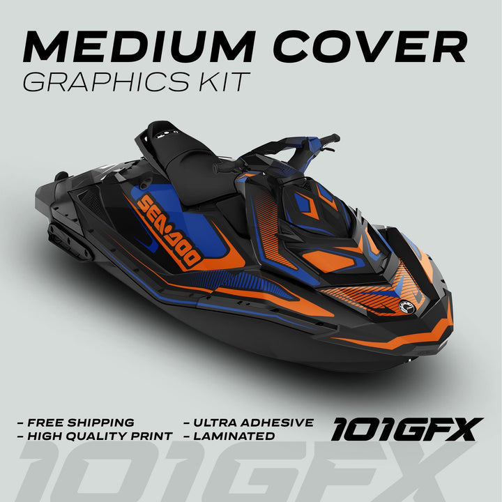Sea Doo Spark Graphics Kit RACE LINE Blue Orange on jet ski, showcasing bold vinyl wrap with callouts: Free Shipping, High Quality Print, Ultra Adhesive, Laminated.