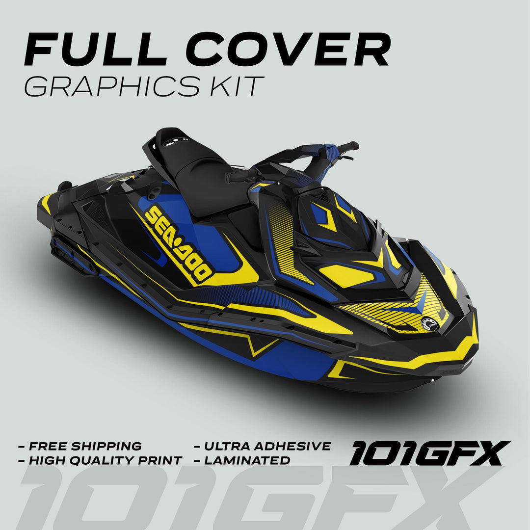Sea Doo Spark Graphics Kit RACE LINE Cyan Yellow on jet ski, showcasing vibrant decals, emphasizing durability, easy DIY application, and protection against scratches.