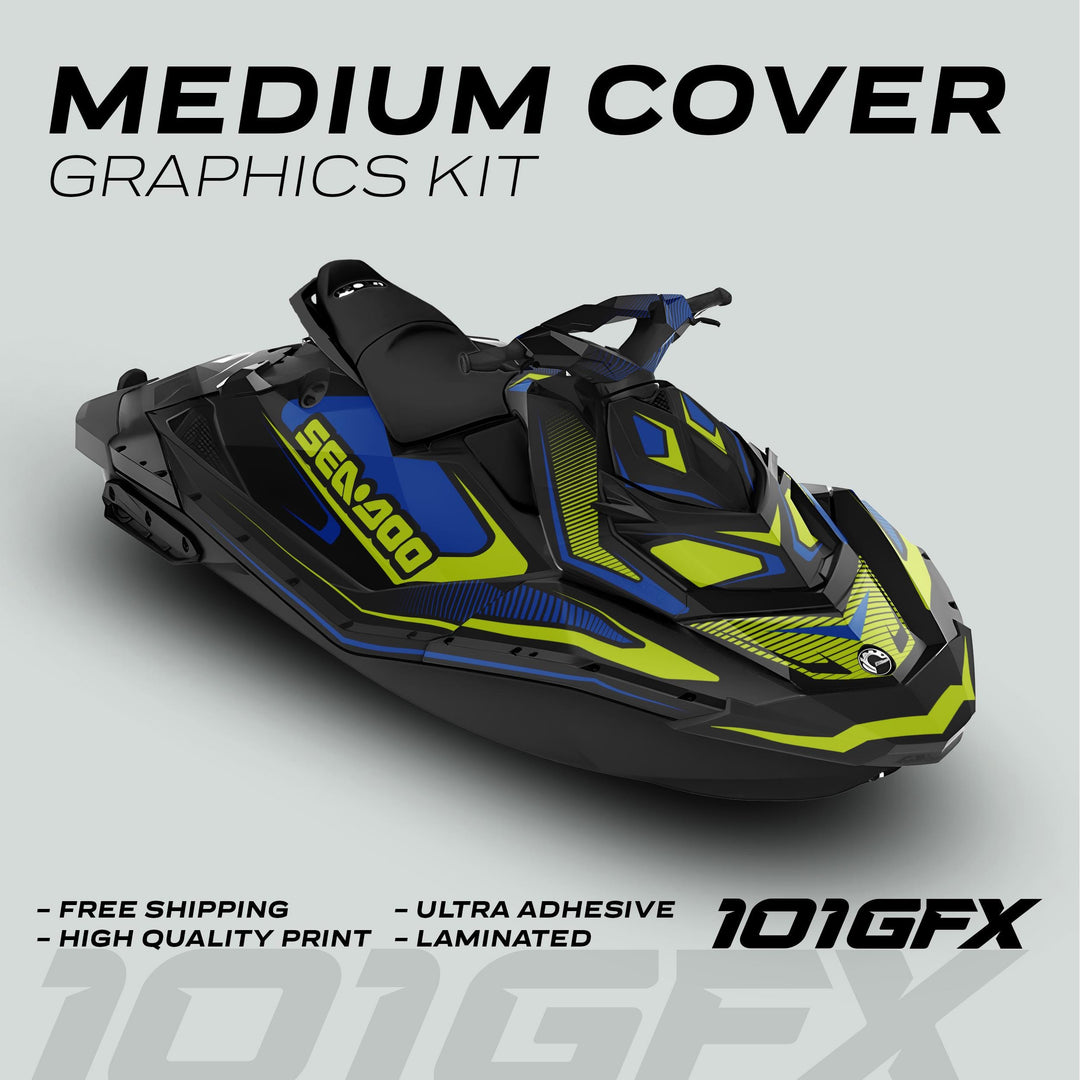 Sea Doo Spark Graphics Kit RACE LINE Blue Green on jet ski, featuring black, blue, high-vis lime graphics. Advertised with free shipping, ultra-adhesive, laminated protection.