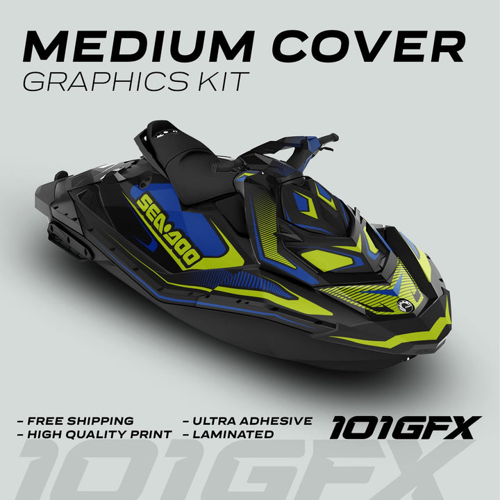 Sea Doo Spark Graphics Kit RACE LINE Blue Green on jet ski, featuring black, blue, high-vis lime graphics. Advertised with free shipping, ultra-adhesive, laminated protection.