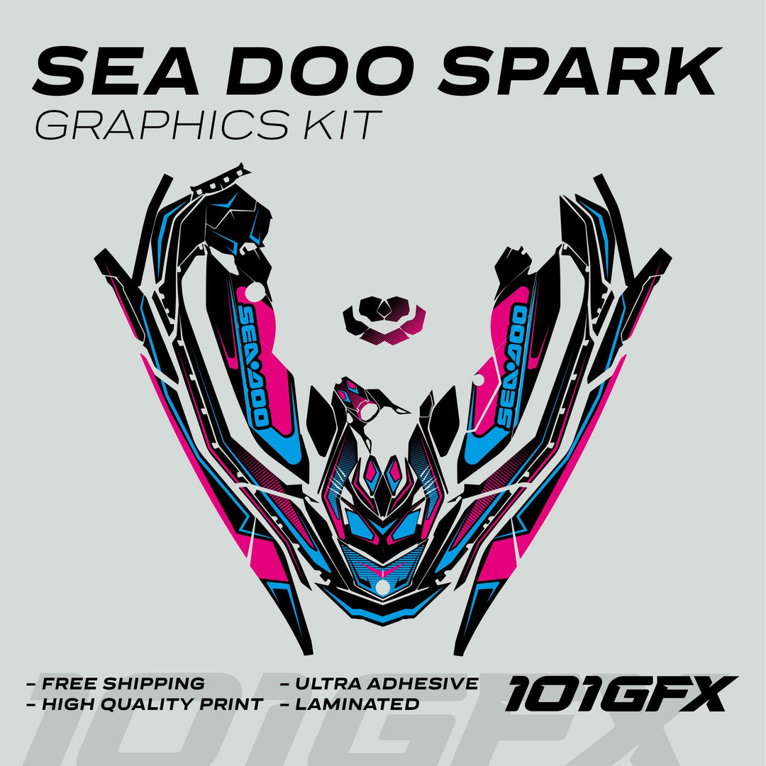 Sea Doo Spark Graphics Kit RACE LINE Magenta Cyan, featuring vibrant decal pieces with “free shipping” and “high quality print” callouts, laid out for easy application.