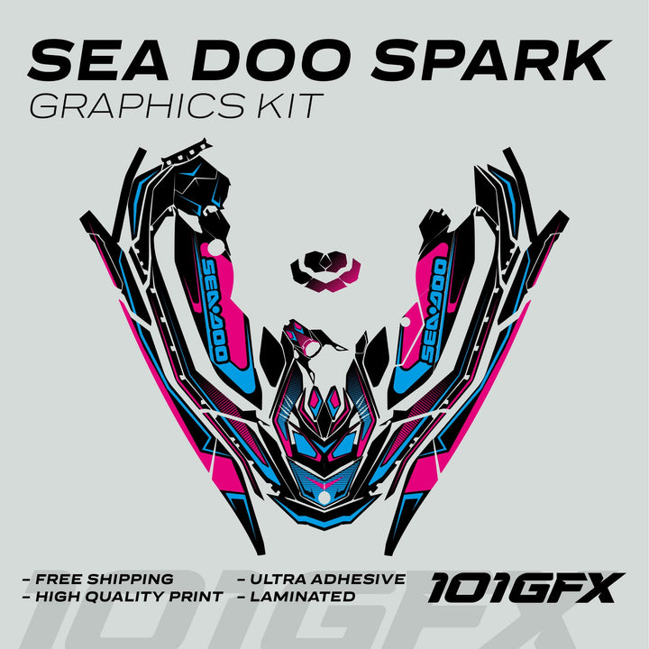 Sea Doo Spark Graphics Kit RACE LINE Magenta Cyan, featuring vibrant decal pieces with “free shipping” and “high quality print” callouts, laid out for easy application.