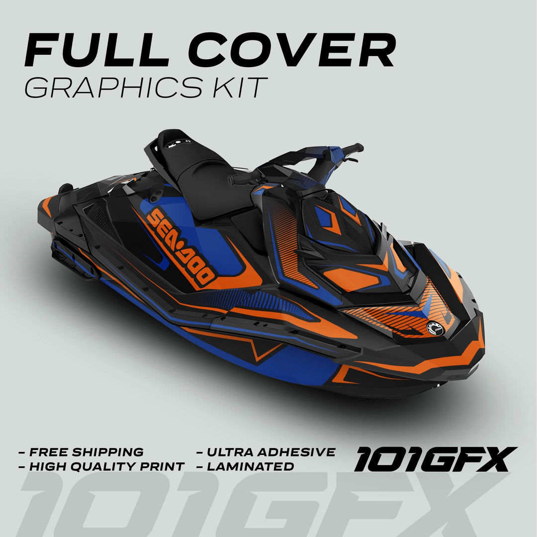 Sea Doo Spark Graphics Kit RACE LINE Blue Orange, featuring a blue-and-orange vinyl wrap, promotes durability, easy installation, and vibrant design for personal watercraft.