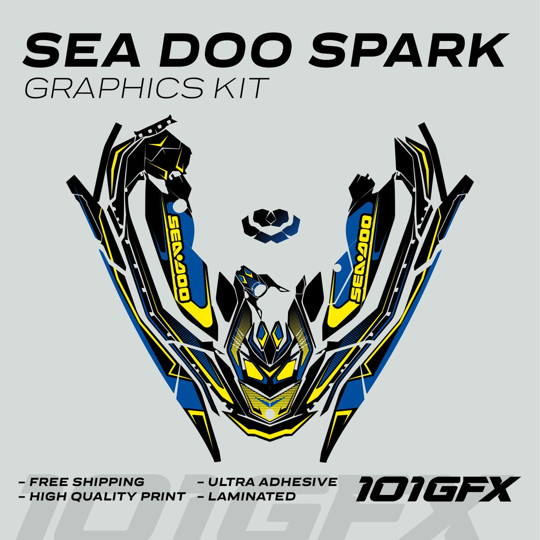 Sea Doo Spark Graphics Kit RACE LINE Cyan Yellow displayed, featuring sharp, angular black and blue decals with SEA-DOO logo, emphasizing vibrant, sporty design for watercraft.