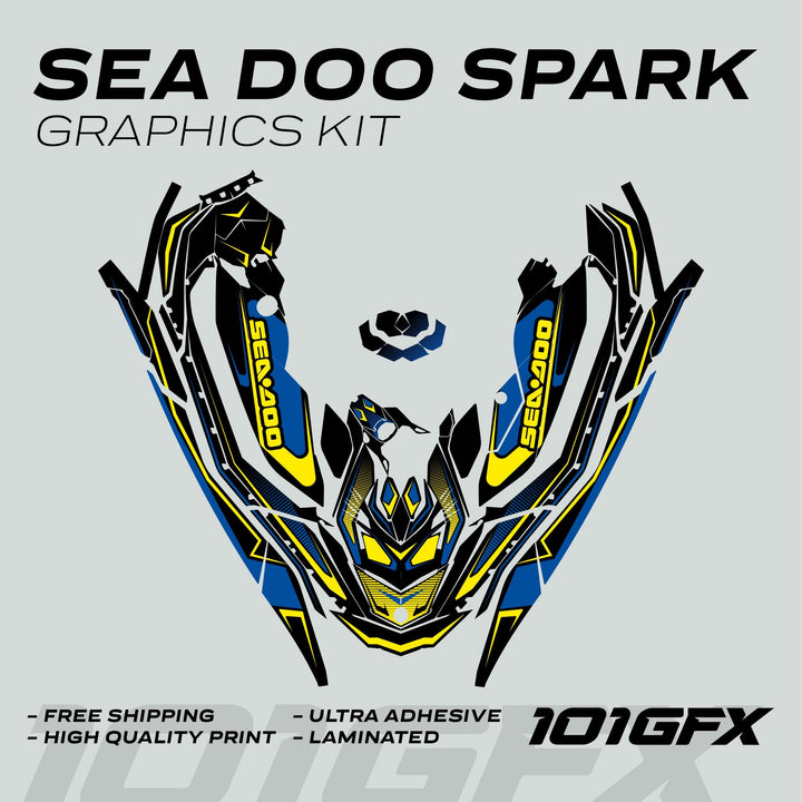 Sea Doo Spark Graphics Kit RACE LINE Cyan Yellow displayed, featuring sharp, angular black and blue decals with SEA-DOO logo, emphasizing vibrant, sporty design for watercraft.
