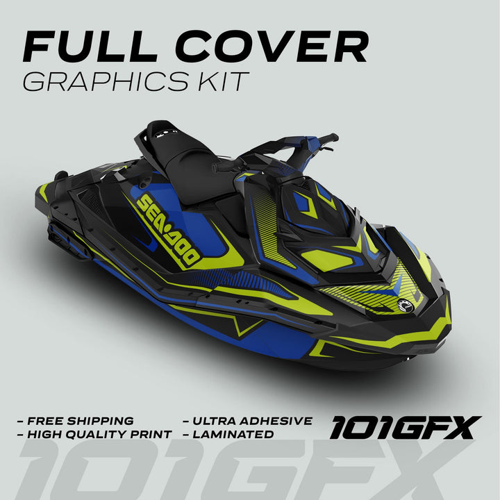 Sea Doo Spark Graphics Kit RACE LINE Blue Green on a 3D render, showcasing vibrant geometric panels. Highlights: free shipping, high-quality print, ultra adhesive, laminated.