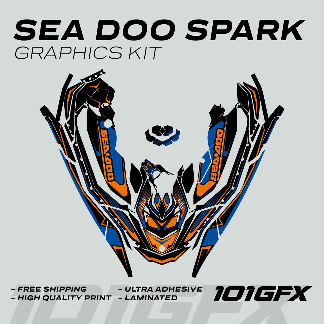 Sea Doo Spark Graphics Kit RACE LINE Blue Orange, showcasing blue-orange-black vinyl decals with features: free shipping, high-quality print, ultra adhesive, laminated.