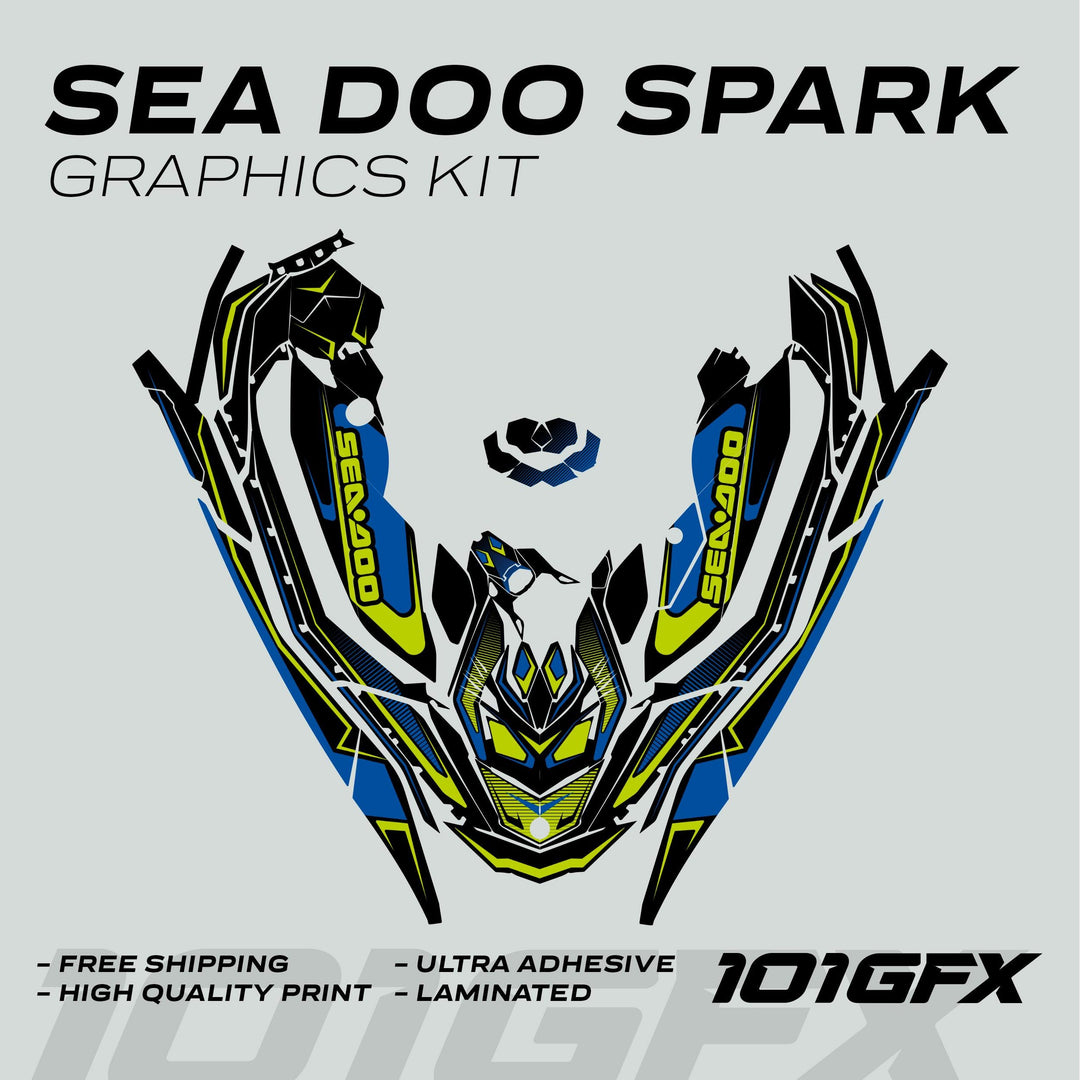 Sea Doo Spark Graphics Kit RACE LINE Blue Green mock-up, featuring electric blue, lime-green, and black decals, highlighting durability and easy application for Sea Doo customization.